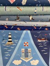 Lewis & Irene All Things Coastal Boats & Lighthouses seaside Sea Blue Green cotton Fabric Shack Malmesbury