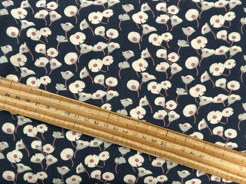 anada viscose moonflowers navy blue floral flower soft drapey fabric shack malmebury