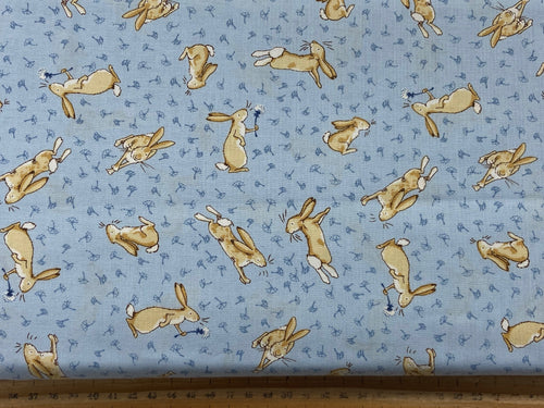 anita jeram clothworks guess how much I love you cotton blue rabbit hare bunnies fabric shack malmesbury