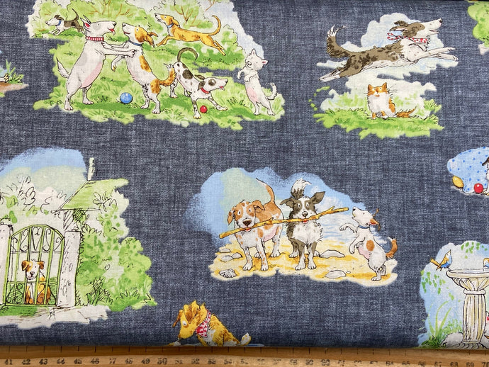 anita jeram clothworks a day in the park dog pup puppy dogs westie irish wolfhound english bull terrier ball treats cotton fabric shack malmesbury scenic grey
