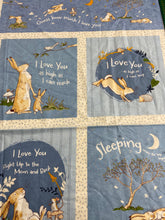 anita jeram clothworks guess how much I love you cotton flannel cream blue panel hare rabbit bunnie moon hedgehog mouse fabric shack malmesbury