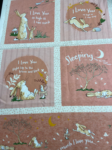 anita jeram clothworks guess how much I love you cotton flannel cream pink panel hare rabbit bunnie moon hedgehog mouse fabric shack malmesbury