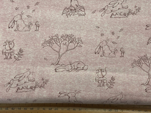 anita jeram clothworks guess how much I love you cotton hare rabbit bunnies rose pink sketchbook  fabric shack malmesbury