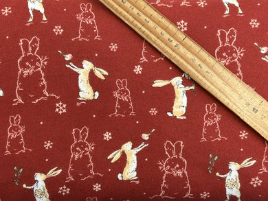 anita jeram guess how much I love you snow bunny bunnies hare christmas cotton flannel brick red fabric shack malmesbury