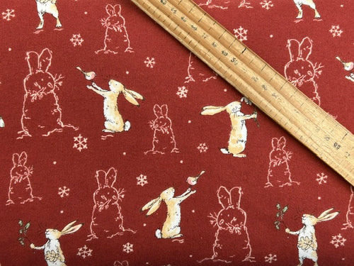anita jeram guess how much I love you snow bunny bunnies hare christmas cotton flannel brick red fabric shack malmesbury