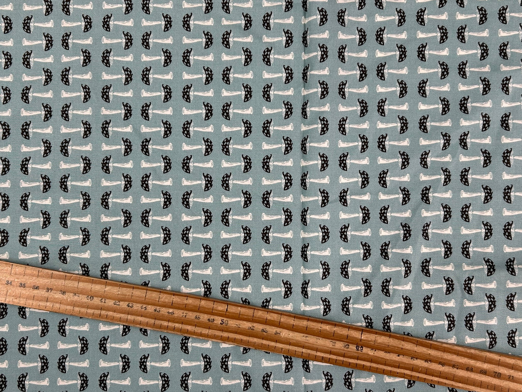 art gallery bonnie christine forest floor mushroom toadstool capped dim teal blue cotton fabric shack malmesbury