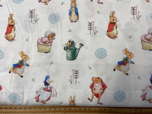 beatrix potter peter rabblit classic jemima puddleduck flopsy mopsy jeremy fisher mrs tiggiewinkle squirrel nutkin characters white cotton fabric shack malmesbury