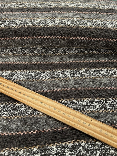 boucle wool fabric  fabric shack malmesbury  grey and brown stripes  with rose gold metallic