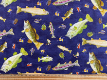 brett blumenthal camelot fabrics fishful thinking fish lure fly flies catch of the day navy blue fishing cotton fabric shack malmesbury