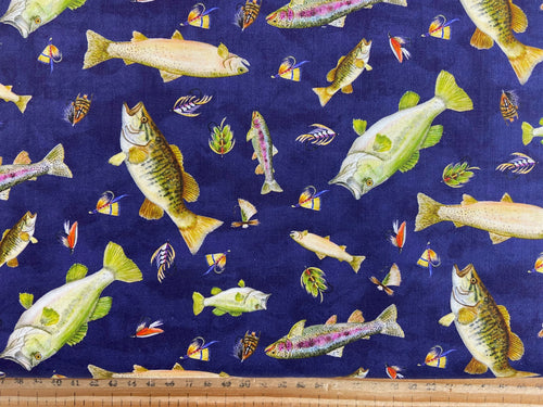 brett blumenthal camelot fabrics fishful thinking fish lure fly flies catch of the day navy blue fishing cotton fabric shack malmesbury