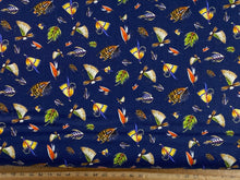 brett blumenthal camelot fabrics fishful thinking fish lure fly flies hook catch of the day navy blue fishing cotton fabric shack malmesbury