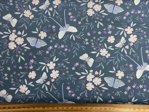 cassandra connelly evenfall butterfly flower floral midnight blue CC41.3 butterflies cotton fabric shack malmesbury