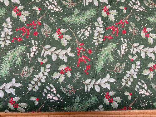christmas holiday scandi holly berry leaves  fat quarter foliage green cotton fabric shack malmesbury