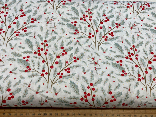 christmas holiday scandi holly berry leaves metallic fat quarter holly berry bush twig white cotton fabric shack malmesbury