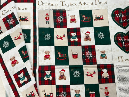 christmas toybox toy teddy bear bear tartan jumper advent panel cotton fabric shack malmesbury