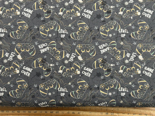 combat quest game gamer xbox controller game over level up grey cotton fabric shack malmesbury