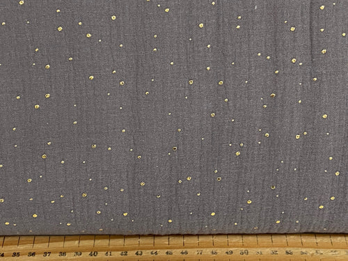 cotton muslin double gauze metallic gold spot polka dot fabric shack malmesbury grey