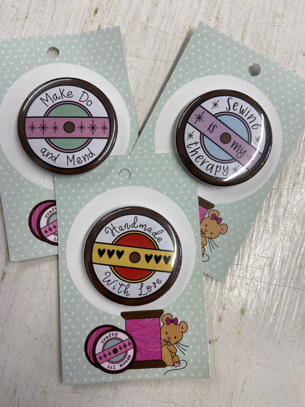 crafty lil mouse vintage spool top badges novelty gift handmade with lovel make do and mend sewing is my therapy fabric shack malmesbury