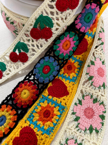 crochet granny square flower cherry heart  trim strap webbing white yellow black cotton stephanoise fabric shack malmesbury 3