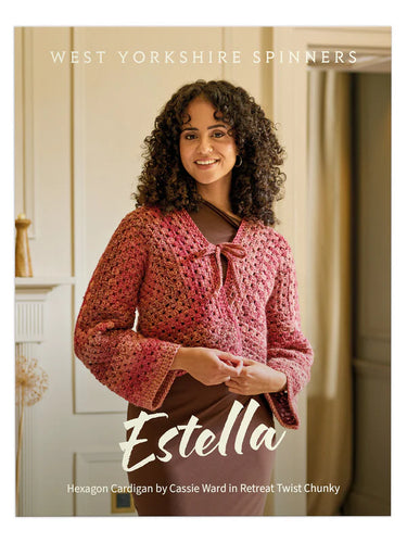 crochet pattern west yorkshire spinners Estella Ladies Hexagon Cardigan by Cassie Ward Retreat Twist Chunky fabric shack malmesbury