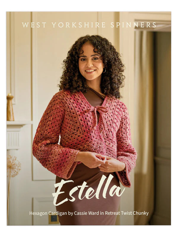 crochet pattern west yorkshire spinners Estella Ladies Hexagon Cardigan by Cassie Ward Retreat Twist Chunky fabric shack malmesbury