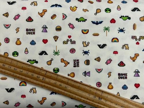 dear stella game over computer game sony gameboy gamer games level up mini pixel fun super mario playstation cotton fabric shack malmesbury