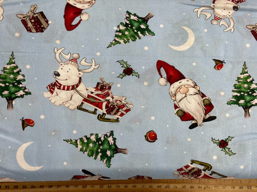 debbie moore driving gnome santa sleigh lt blue fabric shack malmesbury