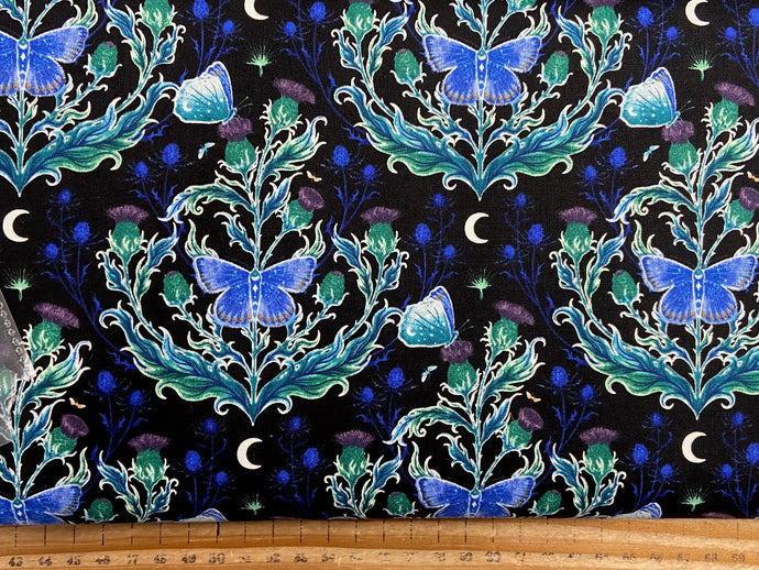 episodic drawing blank quilting jardin de lune glow in the dark butterfly butterlies moths thistles dark blue cotton fabric shack malmesbury