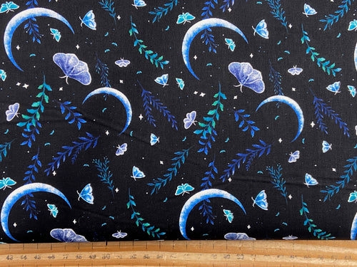 episodic drawing blank quilting jardin de lune glow in the dark moth crescent moon dark blue cotton fabric shack malmesbury