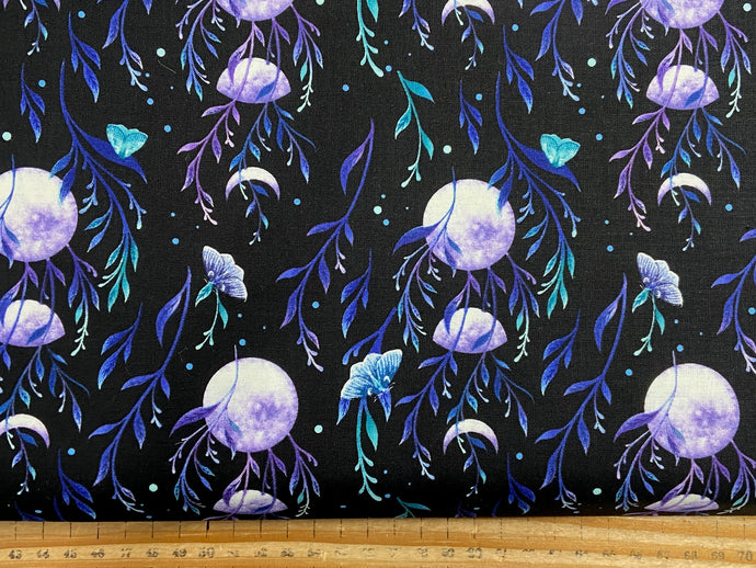 episodic drawing blank quilting jardin de lune glow in the dark moth full moon fern dark blue cotton fabric shack malmesbury