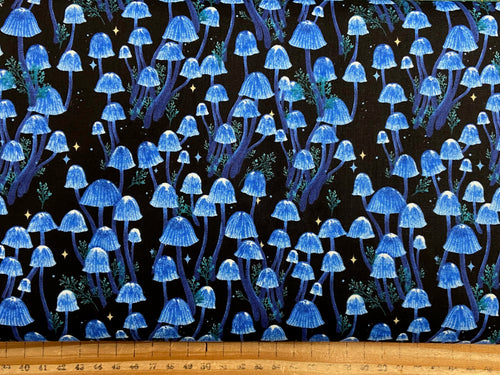 episodic drawing blank quilting jardin de lune glow in the dark toadstool forest dark blue cotton fabric shack malmesbury