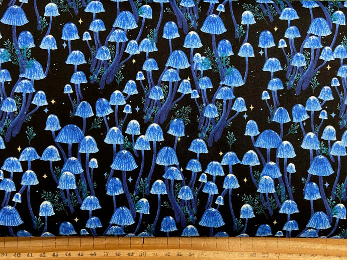 episodic drawing blank quilting jardin de lune glow in the dark toadstool forest dark blue cotton fabric shack malmesbury