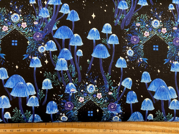 episodic drawing blank quilting jardin de lune glow in the dark toadstool mushroom cottage dark blue cotton fabric shack malmesbury