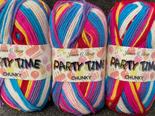 fabric shack knitting knit crochet wool yarn james c brett party time partytime chunky red blue pin yellow fairground PT15