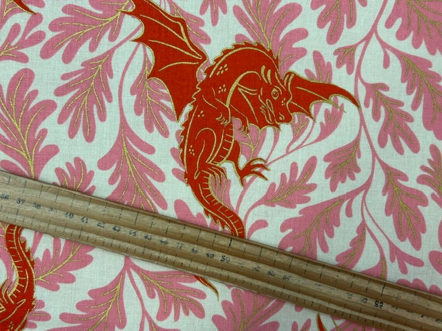 fire glow sarah watts ruby star society dragons canvas metallic dark ruby pink red gold cotton linen fabric shack malmesbury