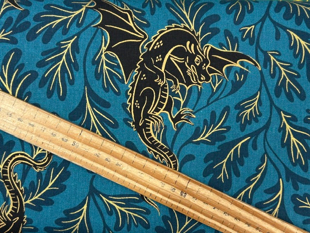 fire glow sarah watts ruby star society dragons canvas metallic galaxy teal gold cotton linen fabric shack malmesbury
