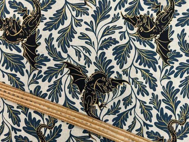 fire glow sarah watts ruby star society dragons canvas metallic smoke cream teal black gold cotton linen fabric shack malmesbury