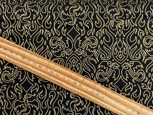 fire glow sarah watts ruby star society dragons flames black metallic gold cotton fabric shack malmesbury