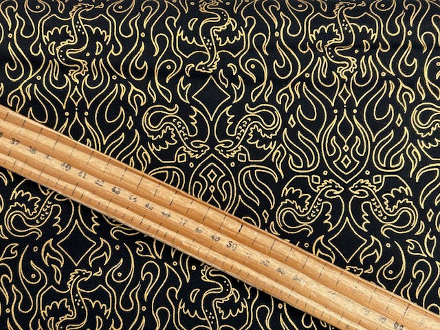 fire glow sarah watts ruby star society dragons flames black metallic gold cotton fabric shack malmesbury