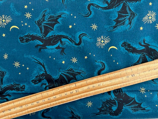 Sarah Watts for Ruby Star Society Dragons Galaxy Teal Metallic Cotton Fabric by the 1/4 Metre*