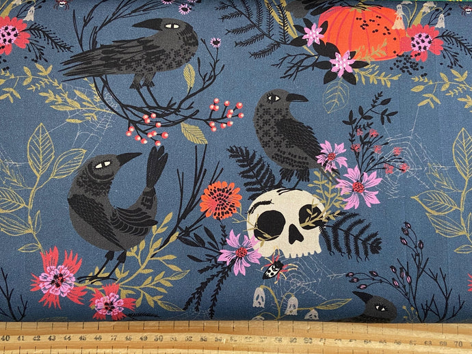 forest whispers helen black dashwood studio cotton fabric shack malmesbury halloween goth skull gothic crow pumpkin dark blue
