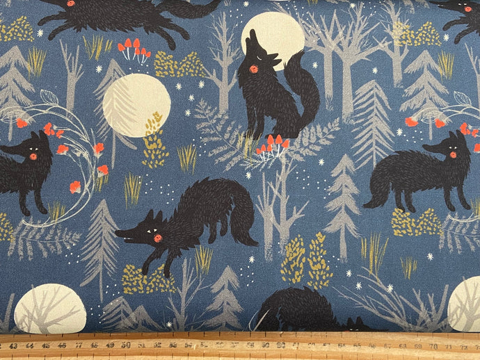 forest whispers helen black dashwood studio cotton fabric shack malmesbury halloween goth skull gothic wolf howling moon dark blue