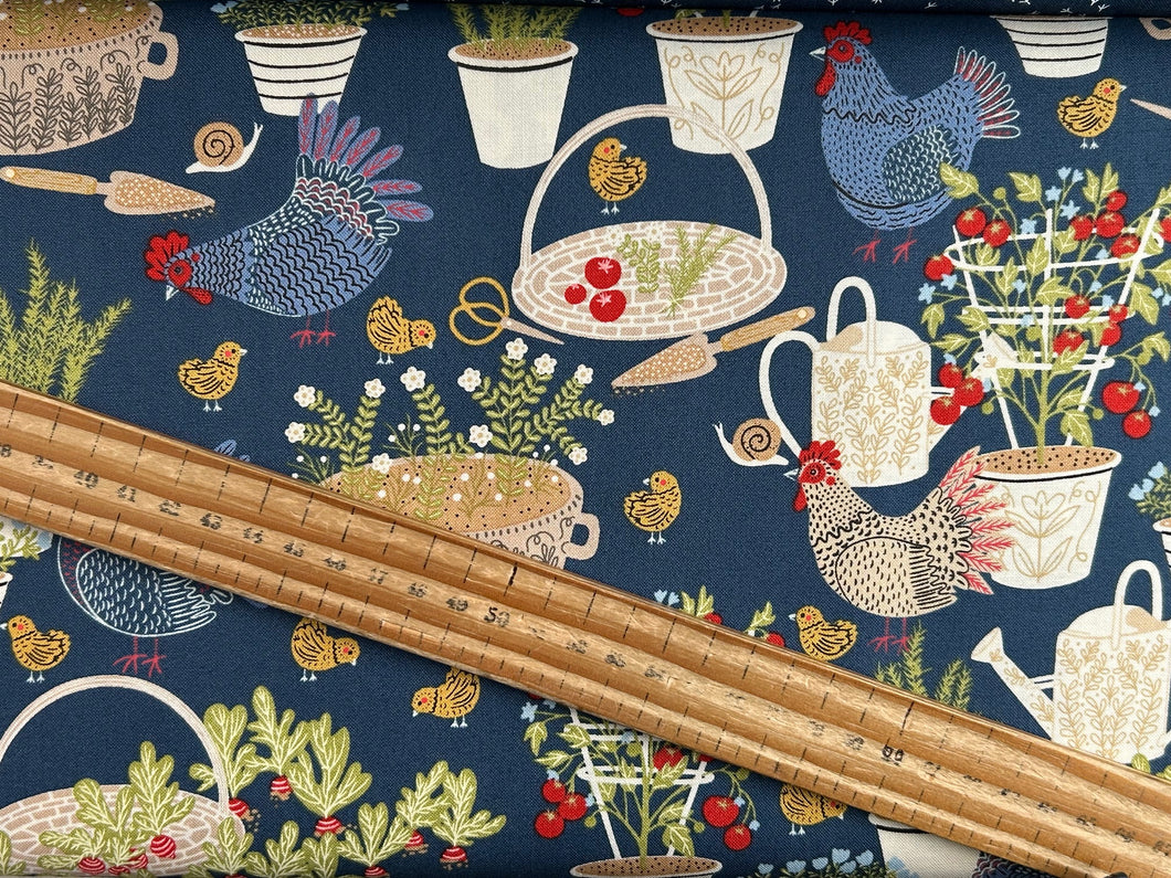 gingiber moda the henhouse cotton fabric chicken hen chicks floral pots flowers cobalt blue shack malmesbury