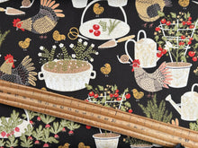 gingiber moda the henhouse cotton fabric chicken hen chicks floral pots flowers iron black shack malmesbury