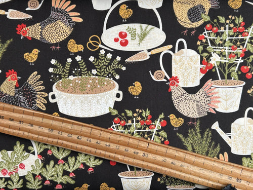 gingiber moda the henhouse cotton fabric chicken hen chicks floral pots flowers iron black shack malmesbury