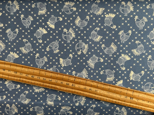 gingiber moda the henhouse cotton fabric chicken hen prints cobalt blue shack malmesbury