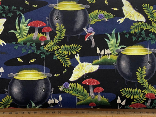 grace popp studio e hallowed forest cauldron witch wood cauldron toadstool spider black cotton fabric shack malmesbury