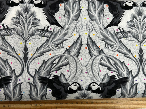 graywork tula pink whisper grey huffin and puffin spots stripes multi wolf seal puffin disco poms grey shadow fabric shack malmesbury 