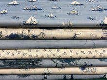 janet clare moda longshore long shore boat light house sea whale shipping journal blue cream ocean map cotton fabric shack malmesbury