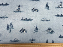 janet clare moda longshore long shore small boat lighthouse  blue cotton fabric shack malmesbury